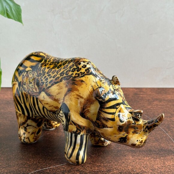 Y2K Le Vie Rhinoceros Figurine with Animal Print Collage Glossy Finish Global Ec - Picture 2 of 8
